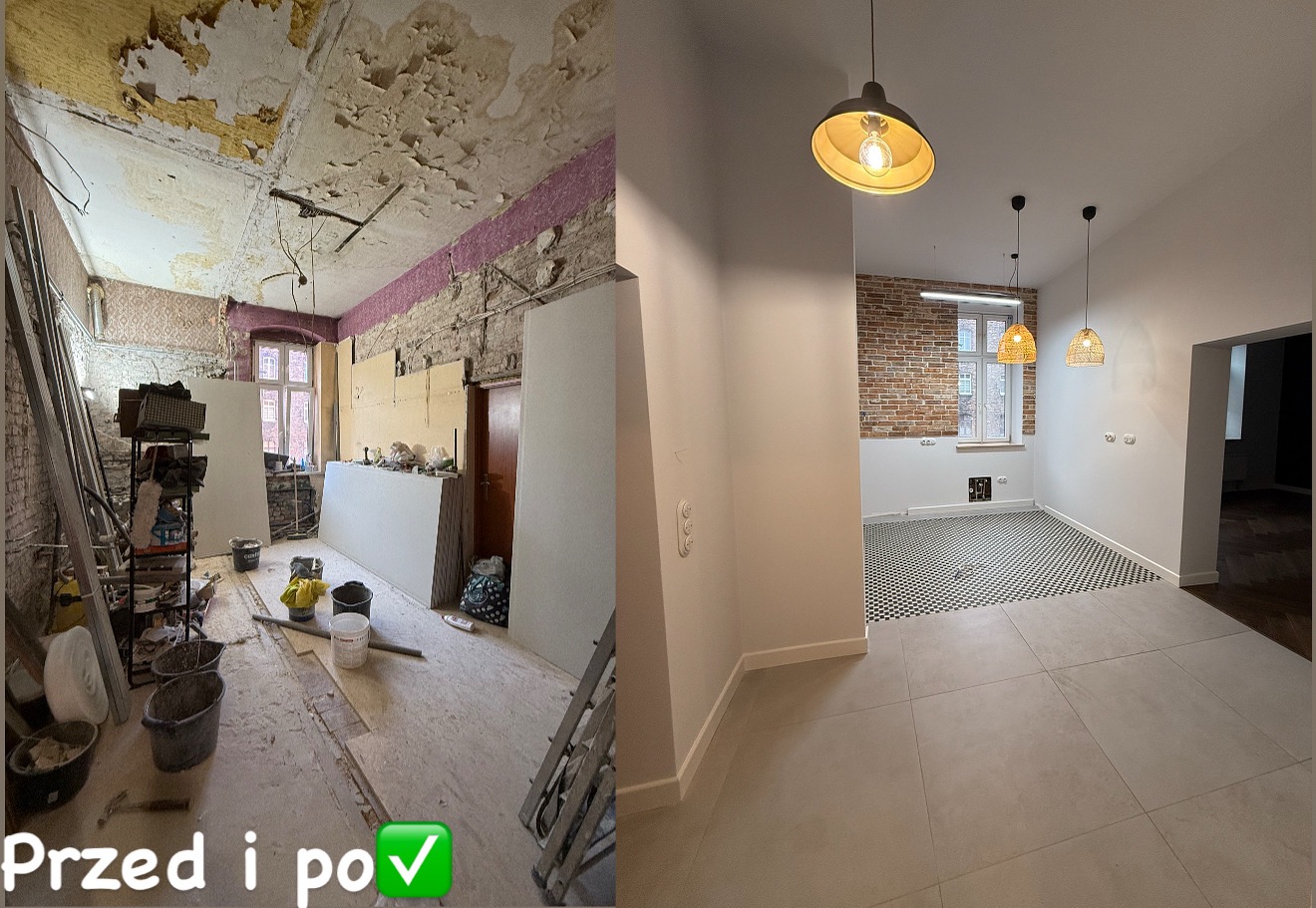 Zdjęcie 'przed i po' remontu mieszkania w Chorzowie. Po lewej: zniszczone wnętrze. Po prawej: odnowione, z nową podłogą i oświetleniem. Widoczna ceglana ściana.