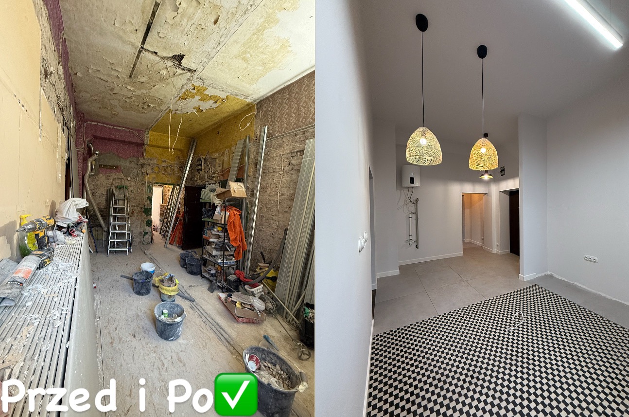 Zdjęcie 'przed i po' prezentujące remont pokoju: od stanu surowego z odsłoniętymi instalacjami do wykończonego wnętrza z lampami i wzorzystą podłogą.