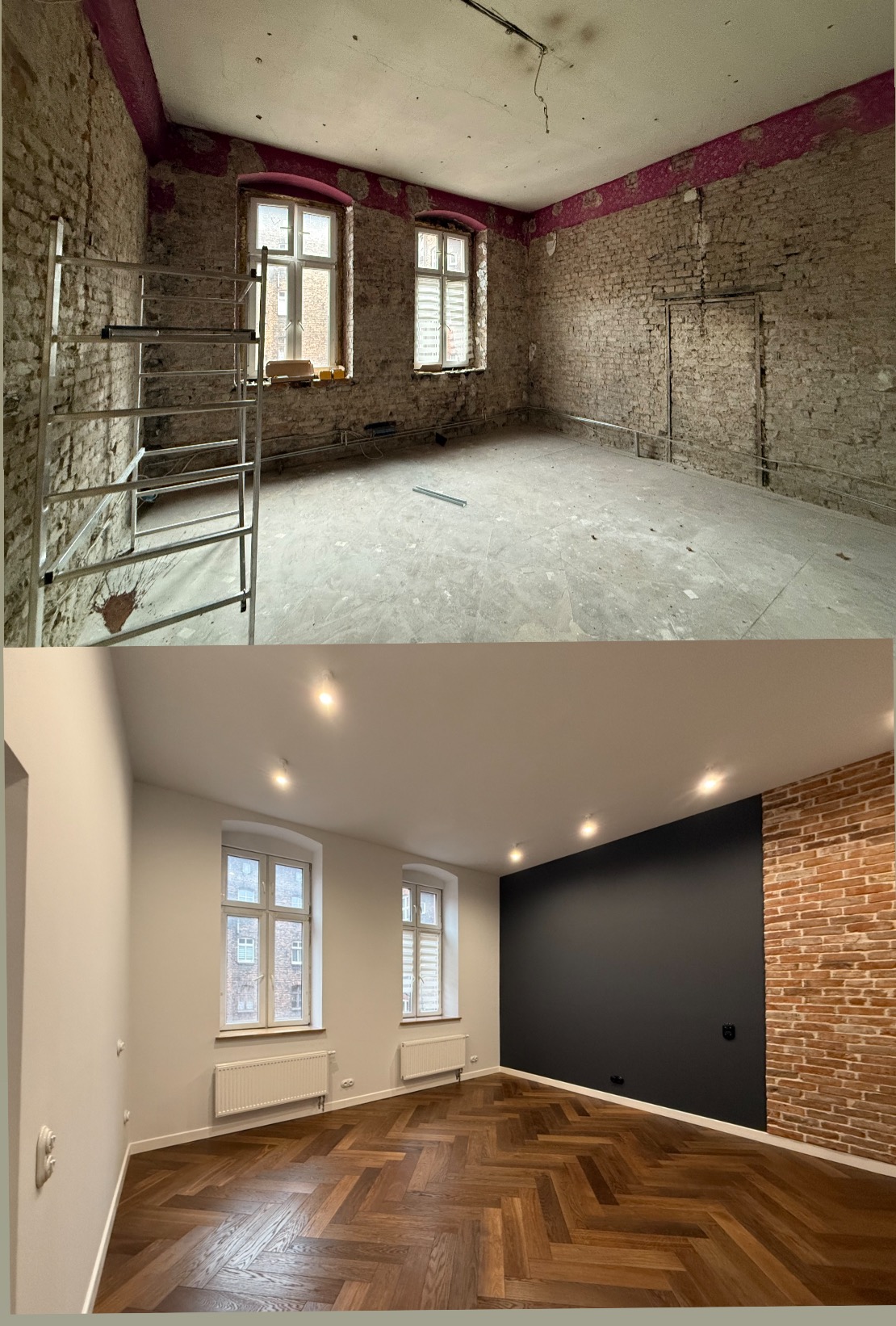 Zdjęcie 'przed i po' remontu pokoju: surowe mury i rusztowanie kontra wykończone wnętrze z parkietem w jodełkę, czarną ścianą i oświetleniem punktowym.