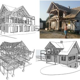 Zeta Studio - Dom w trakcie budowy: wizualizacja 3D i stan faktyczny. Widoczna konstrukcja szkieletowa, częściowo obłożona materiałem budowlanym. Projekt domu w różnych fazach realizacji.