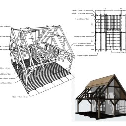 Zeta Studio - Szkic 3D konstrukcji drewnianej domu z wymiarami, obok wizualizacja 3D gotowego domu. Widoczne elementy konstrukcyjne i wymiary belek.
