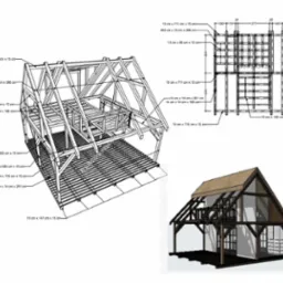 Szkic 3D konstrukcji drewnianej domu z wymiarami, obok wizualizacja 3D gotowego domu. Widoczne elementy konstrukcyjne i wymiary belek.