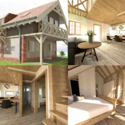 Wizualizacja 3D drewnianego domu z balkonem w Braniewie. Ukazane wnętrza: salon, kuchnia i sypialnia. Jasne drewno dominuje w wykończeniu.