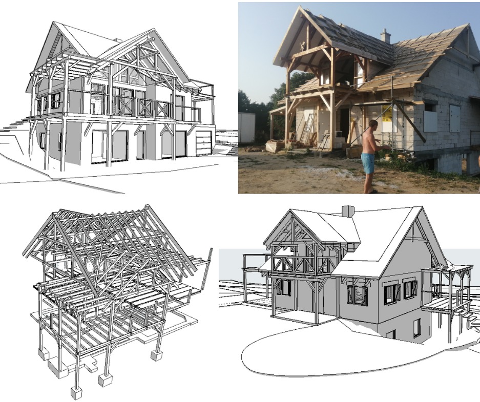 Dom w trakcie budowy: wizualizacja 3D i stan faktyczny. Widoczna konstrukcja szkieletowa, częściowo obłożona materiałem budowlanym. Projekt domu w różnych fazach realizacji.