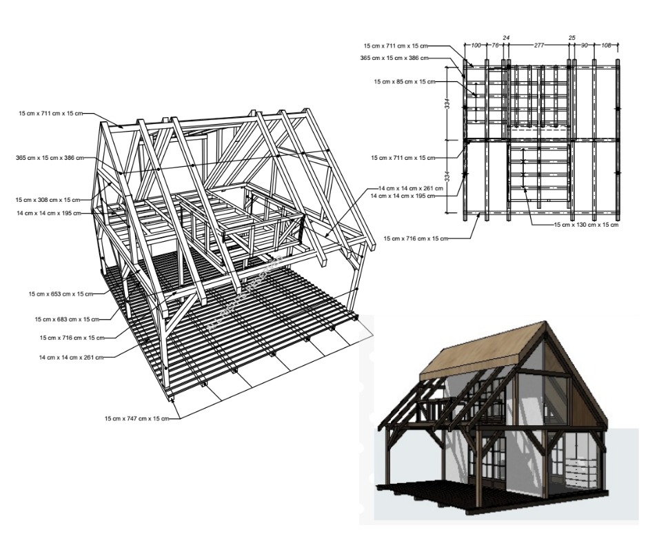 Szkic 3D konstrukcji drewnianej domu z wymiarami, obok wizualizacja 3D gotowego domu. Widoczne elementy konstrukcyjne i wymiary belek.