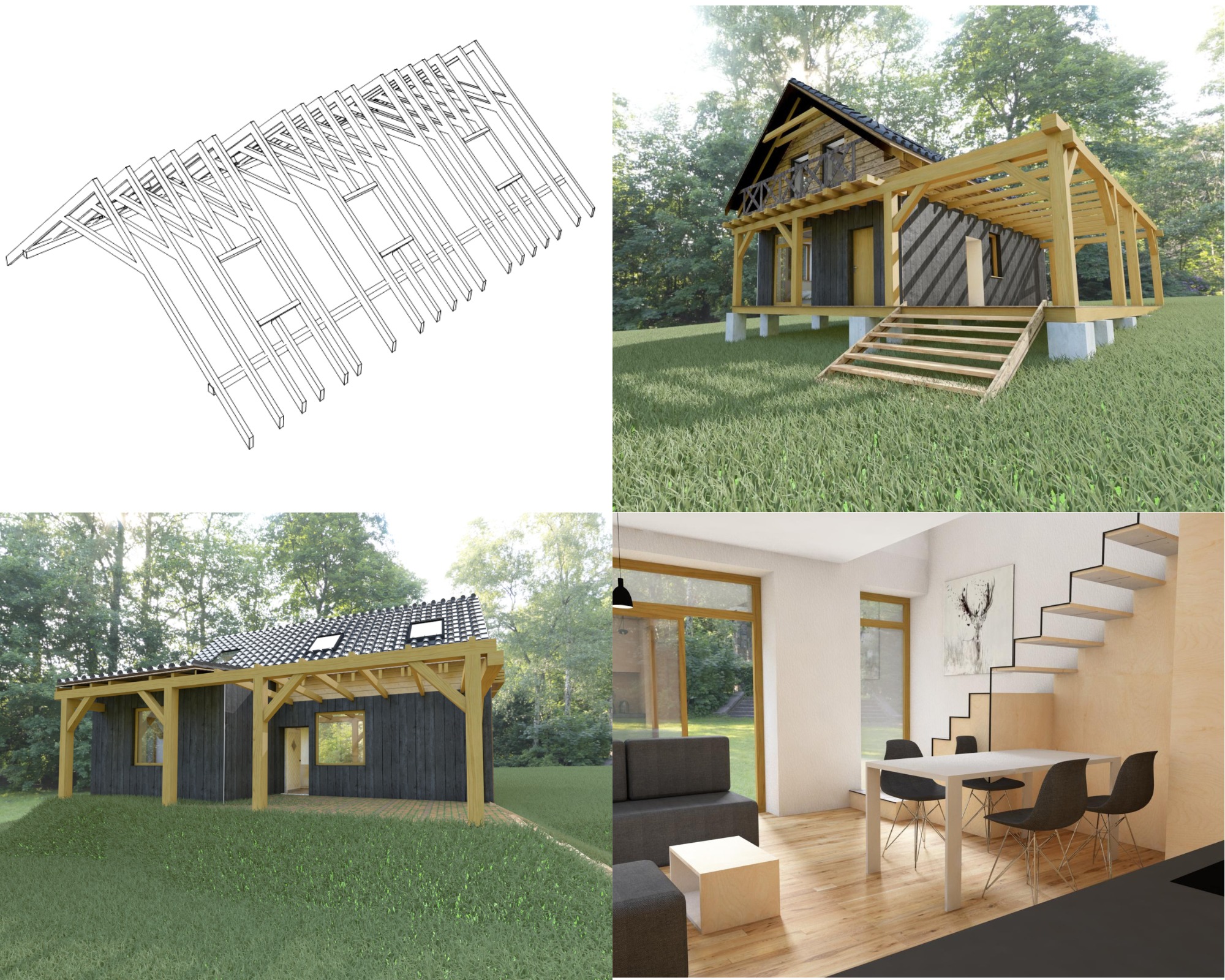Wizualizacja domu szkieletowego: rzut dachu, elewacja z tarasem, widok wnętrza z minimalistycznymi schodami i salonem. Projekt domu w leśnym otoczeniu.