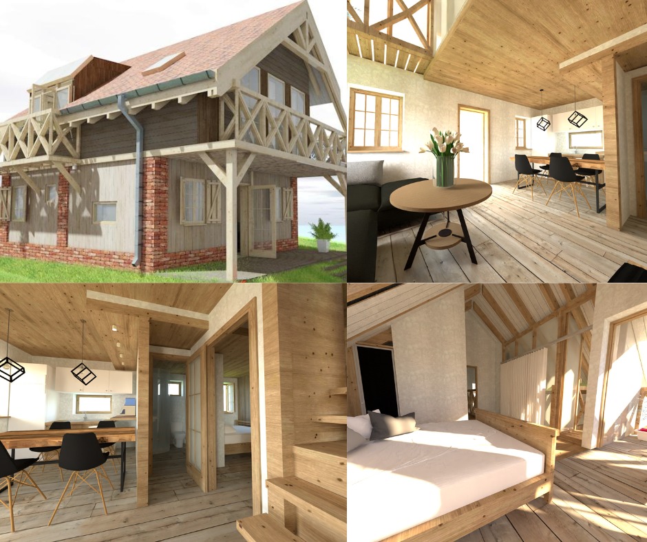 Wizualizacja 3D drewnianego domu z balkonem w Braniewie. Ukazane wnętrza: salon, kuchnia i sypialnia. Jasne drewno dominuje w wykończeniu.