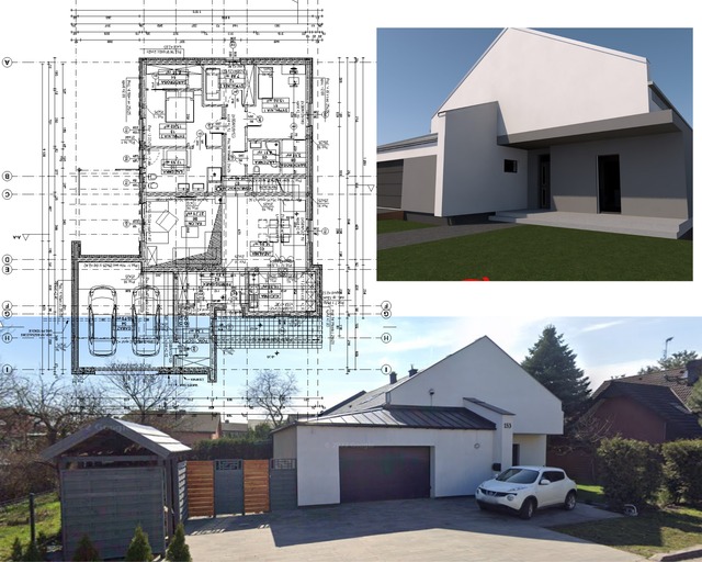 Zestawienie: plan architektoniczny, wizualizacja 3D i zdjęcie gotowego, nowoczesnego domu jednorodzinnego z garażem i podjazdem, w słoneczny dzień.