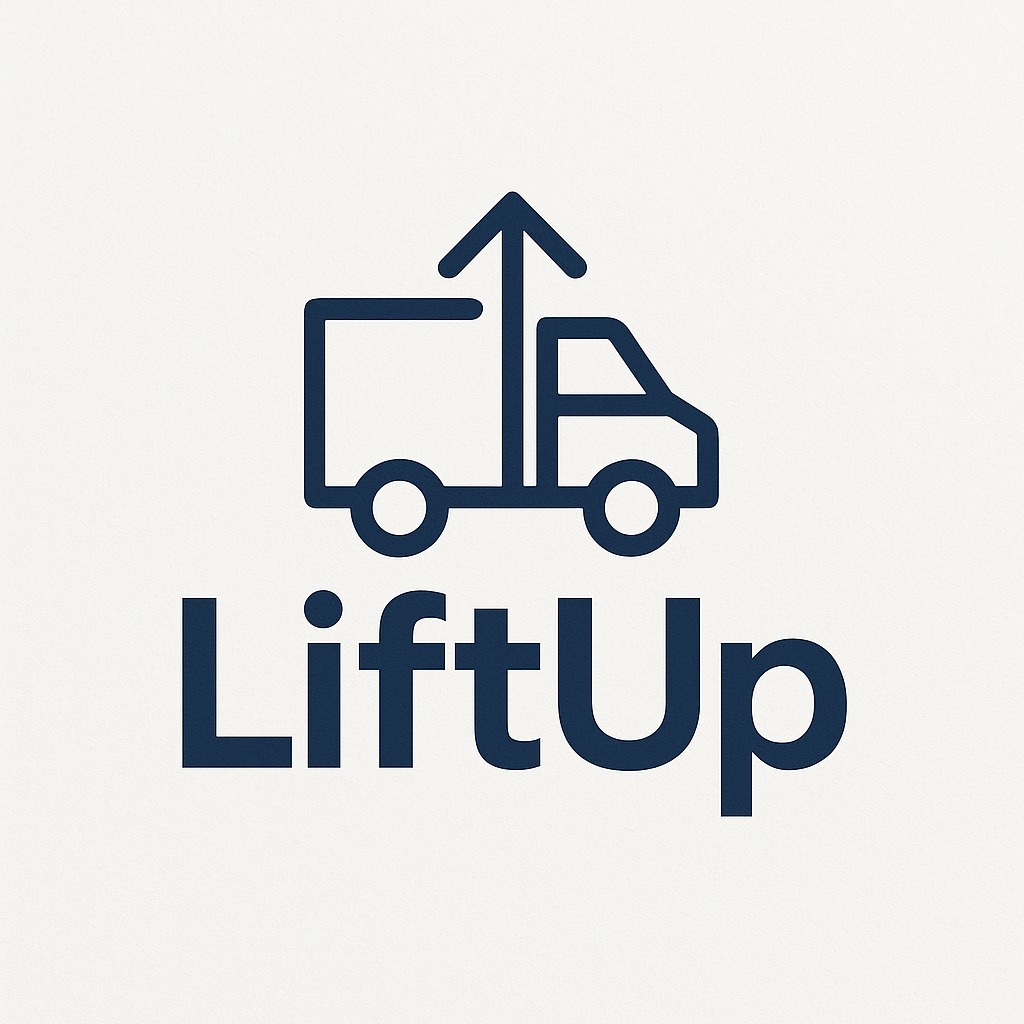 Prosty, granatowy logotyp firmy transportowej: kontur ciężarówki z strzałką skierowaną do góry, nad napisem 'LiftUp' na kremowym tle.