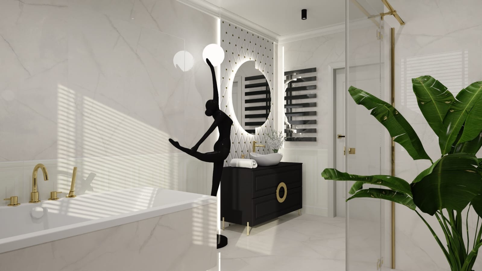 Elegancka łazienka z wanną, czarną szafką umywalkową z złotymi akcentami i lustrem z podświetleniem. Marmurowe płytki i dekoracyjna figurka baletnicy.