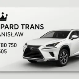 Biały Lexus NX z logo Gepard Trans Stanisław i numerem telefonu na białym tle. Auto z przodu, widoczne detale karoserii i felg.