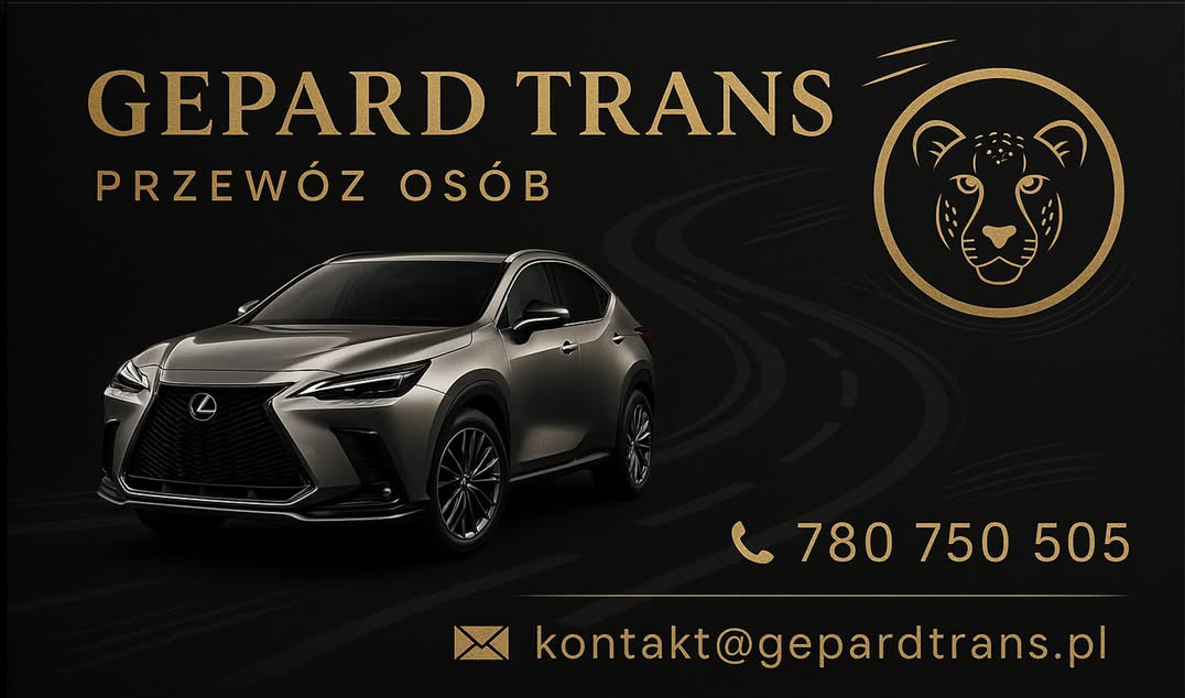 Elegancki, srebrny SUV na czarnym tle z logo Gepard Trans. Kontakt: 780750505, kontakt@gepardtrans.pl. Nowoczesny design, przewóz osób.