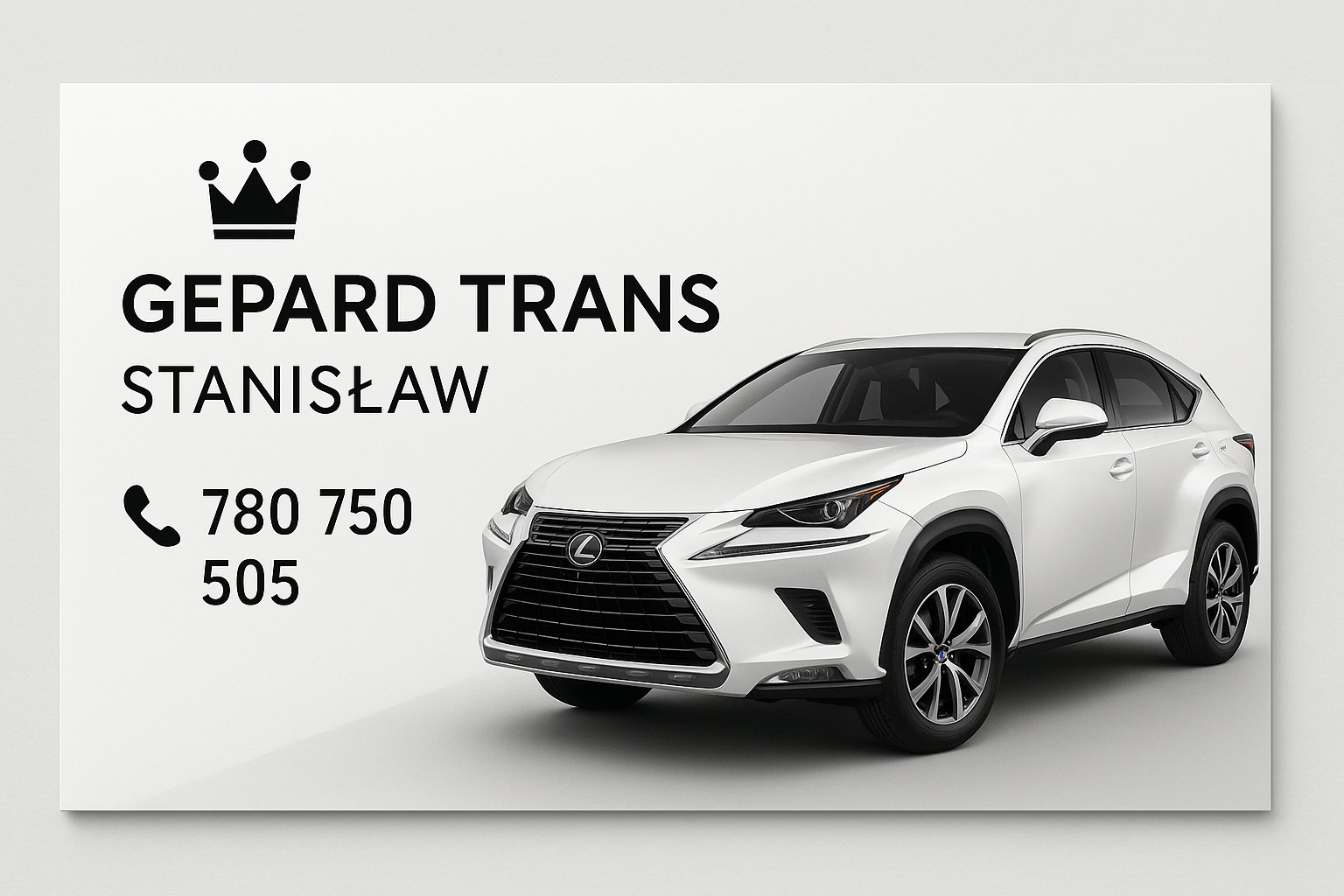 Biały Lexus NX z logo Gepard Trans Stanisław i numerem telefonu na białym tle. Auto z przodu, widoczne detale karoserii i felg.