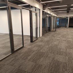 Switex Sp. z o.o - Wykończone wnętrze biurowe z szarym dywanem w kratę i szklanymi ściankami działowymi z czarnymi ramami. Widoczne oświetlenie sufitowe.