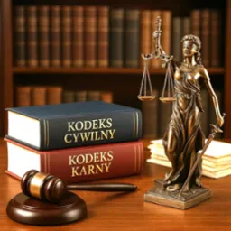 Temida, kodeksy (cywilny i karny) i młotek sędziowski na drewnianym biurku, w tle regał z książkami. Symbol sprawiedliwości w eleganckim ujęciu.