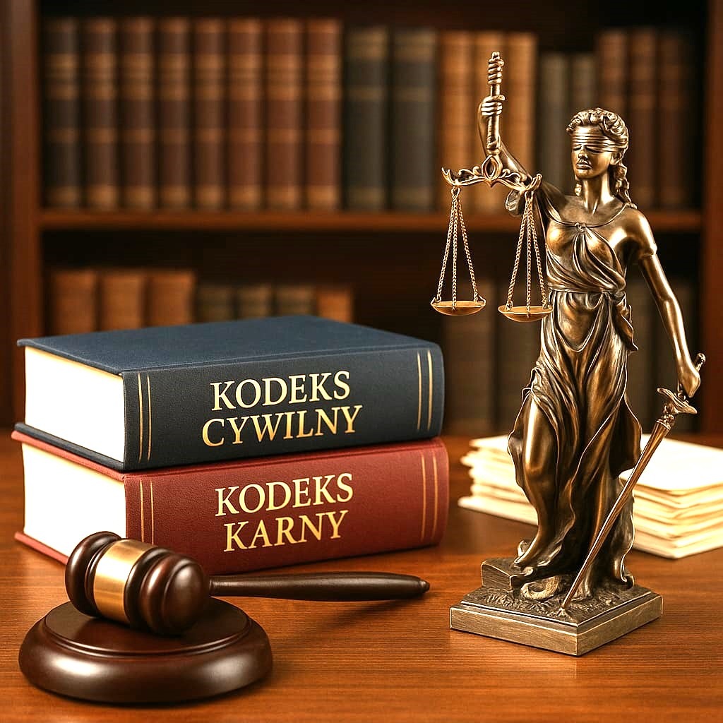 Temida, kodeksy (cywilny i karny) i młotek sędziowski na drewnianym biurku, w tle regał z książkami. Symbol sprawiedliwości w eleganckim ujęciu.