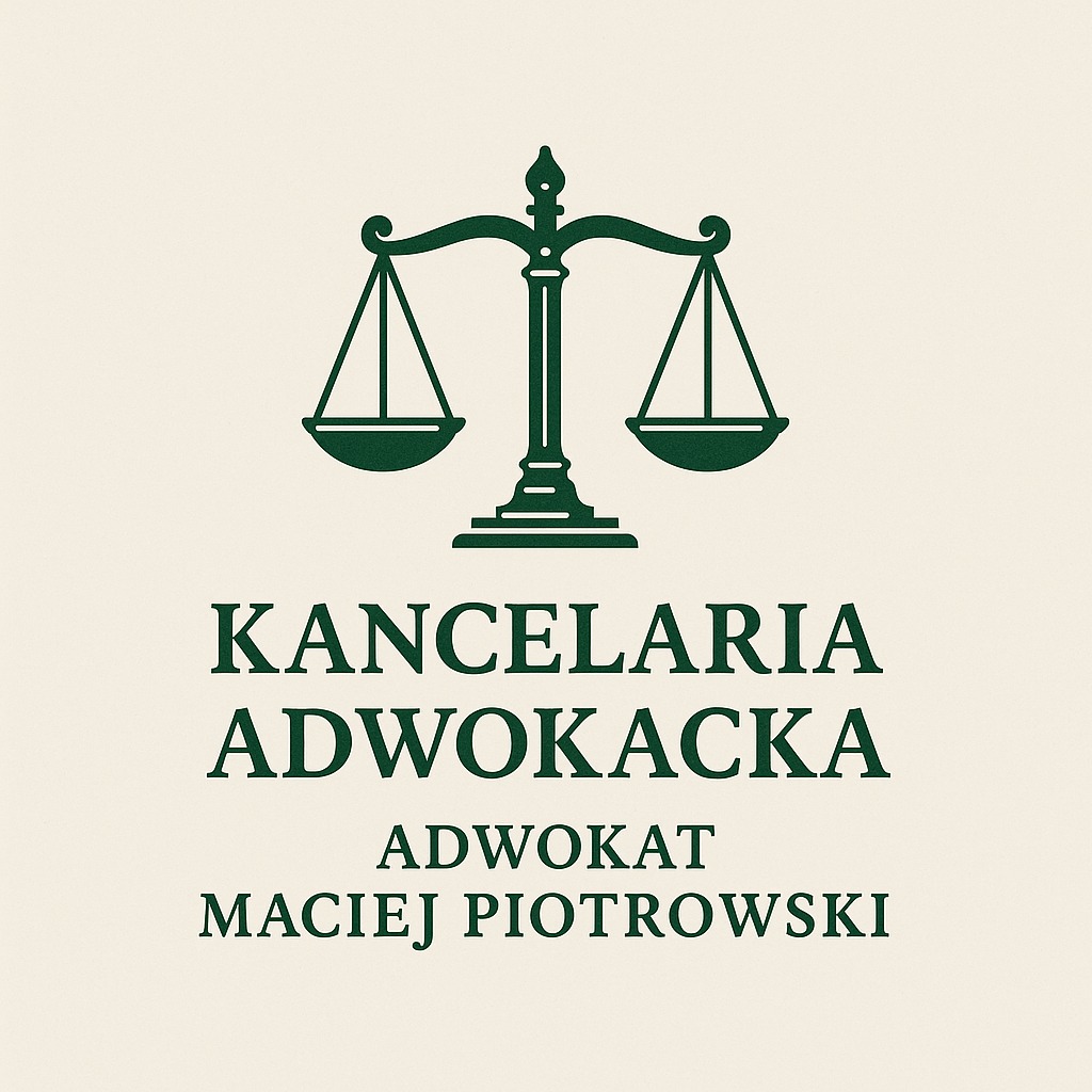Logo Kancelarii Adwokackiej Adwokat Maciej Piotrowski z zielonym symbolem wagi na beżowym tle. Elegancki font użyty w nazwie.