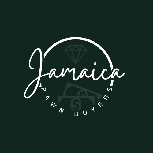 Logo firmy Jamaica Pawn Buyers na ciemnozielonym tle. Biały napis kursywą 'Jamaica' nad grafiką diamentu i banknotów. Okrągły napis 'PAWN BUYERS'.