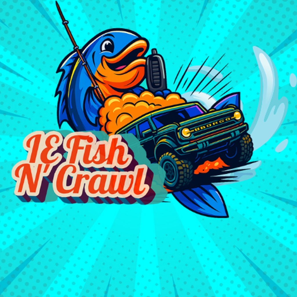 Ilustracja: ryba z wędką, auto terenowe na desce surfingowej, napis 'IE Fish N' Crawl' na turkusowym tle w kropki, dynamiczny styl graficzny.