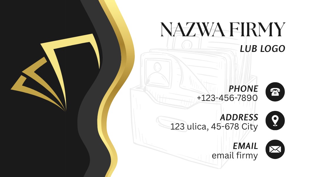 Wizytówka z czarno-złotym motywem, prezentująca logo firmy, dane kontaktowe (telefon, adres, email) oraz graficzny rysunek kartotek w tle.