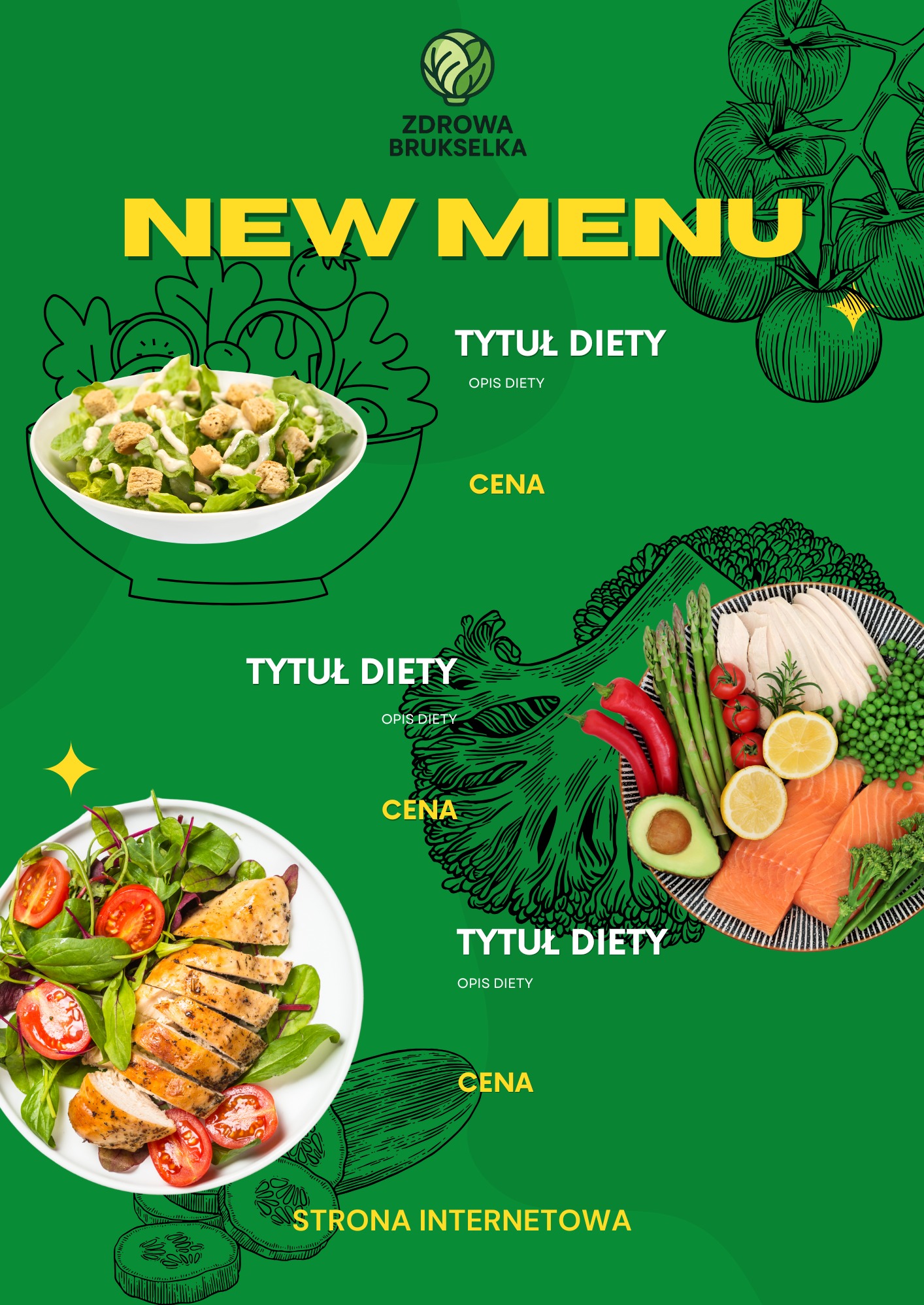 Grafika menu restauracji ze zdrową żywnością, prezentująca trzy dania: sałatkę z grzankami, kurczaka z warzywami i łososia z awokado. Zielone tło z rysunkami warzyw.