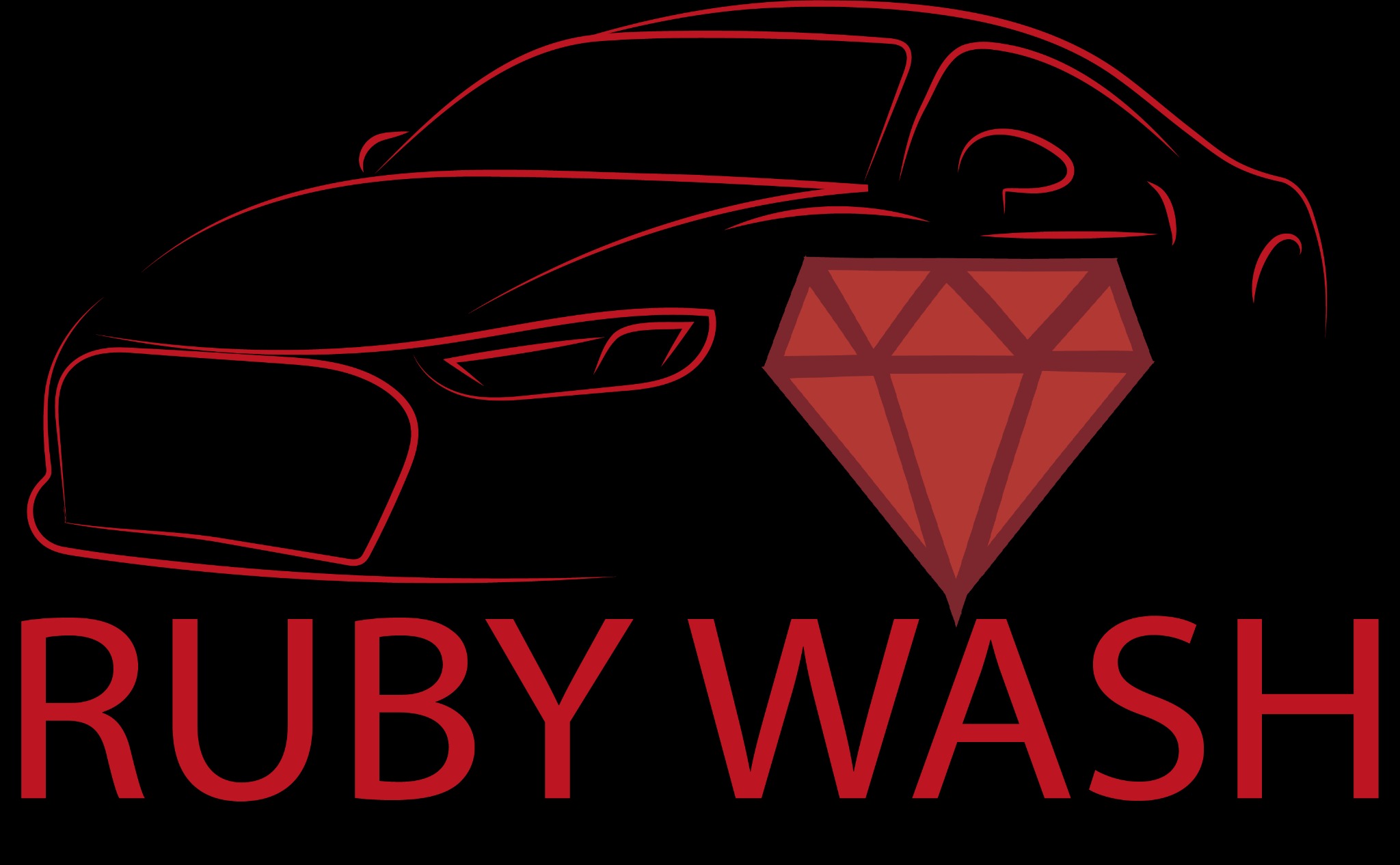 Minimalistyczne logo: czerwony kontur auta, rubinowy diament i napis 'RUBY WASH' na czarnym tle. Nowoczesny design dla myjni samochodowej.