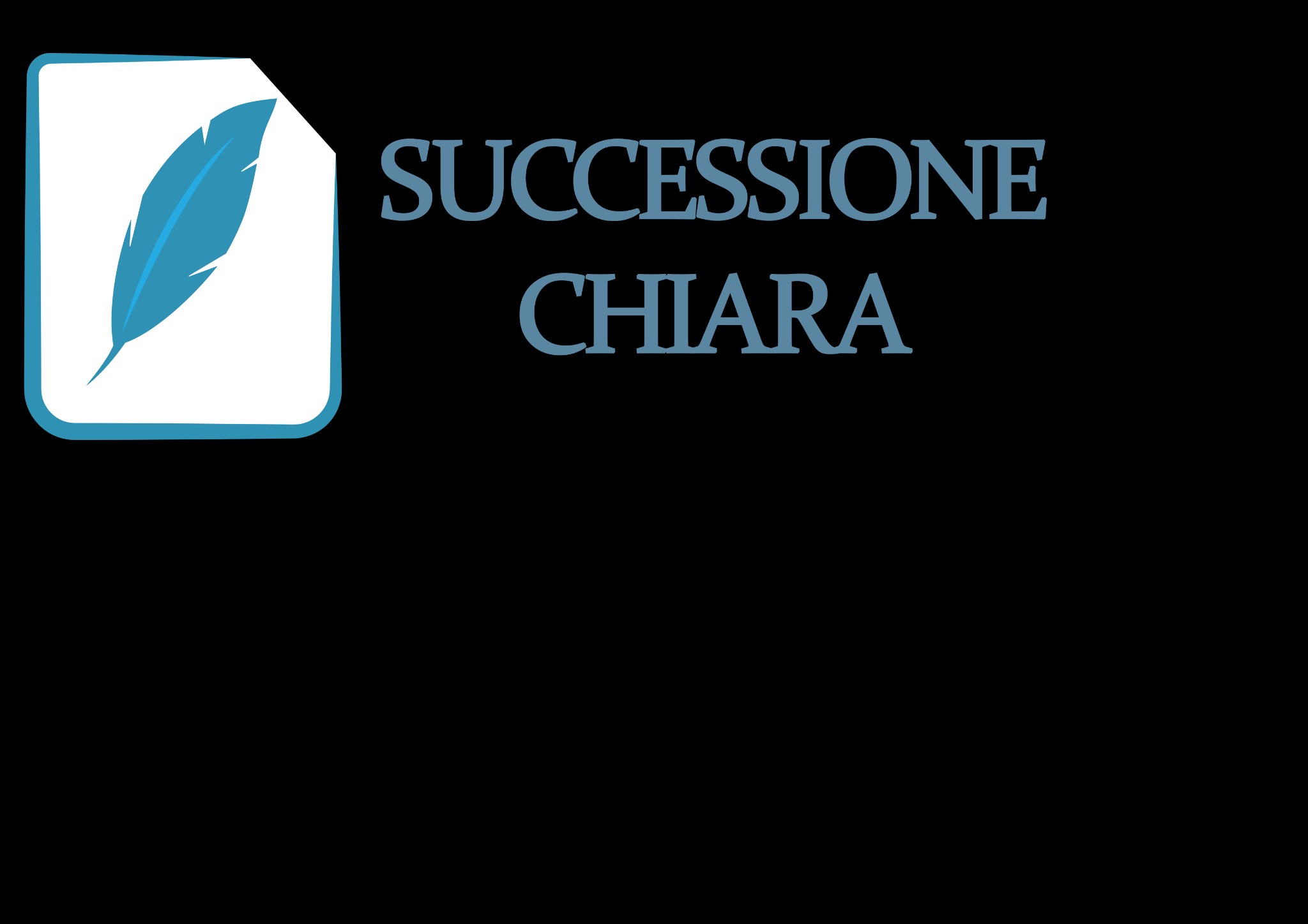 Ilustracja: Stylizowany dokument z piórem i tekstem 'Successione Chiara' na czarnym tle. Grafika w odcieniach błękitu i bieli. Minimalistyczny design.