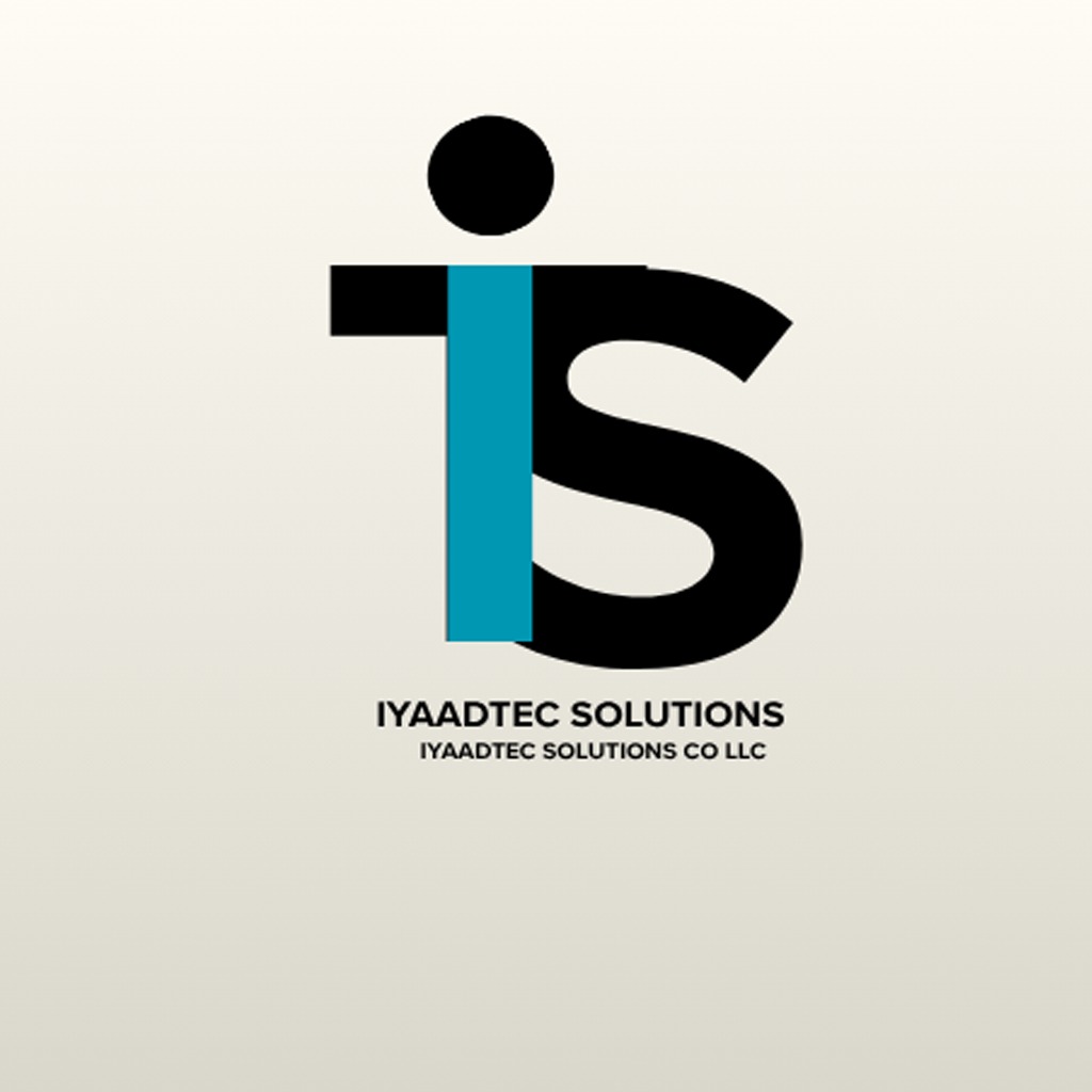 Minimalistyczne logo firmy IYAADTEC SOLUTIONS: czarna litera 'S' i turkusowa litera 'I' z czarną kropką nad 'i'.