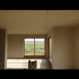 Wnętrze po tynkowaniu maszynowym, widok na okno z ceglanym parapetem. Ściany gładkie, jasne, przygotowane do dalszych prac wykończeniowych. W tle widok na pola.