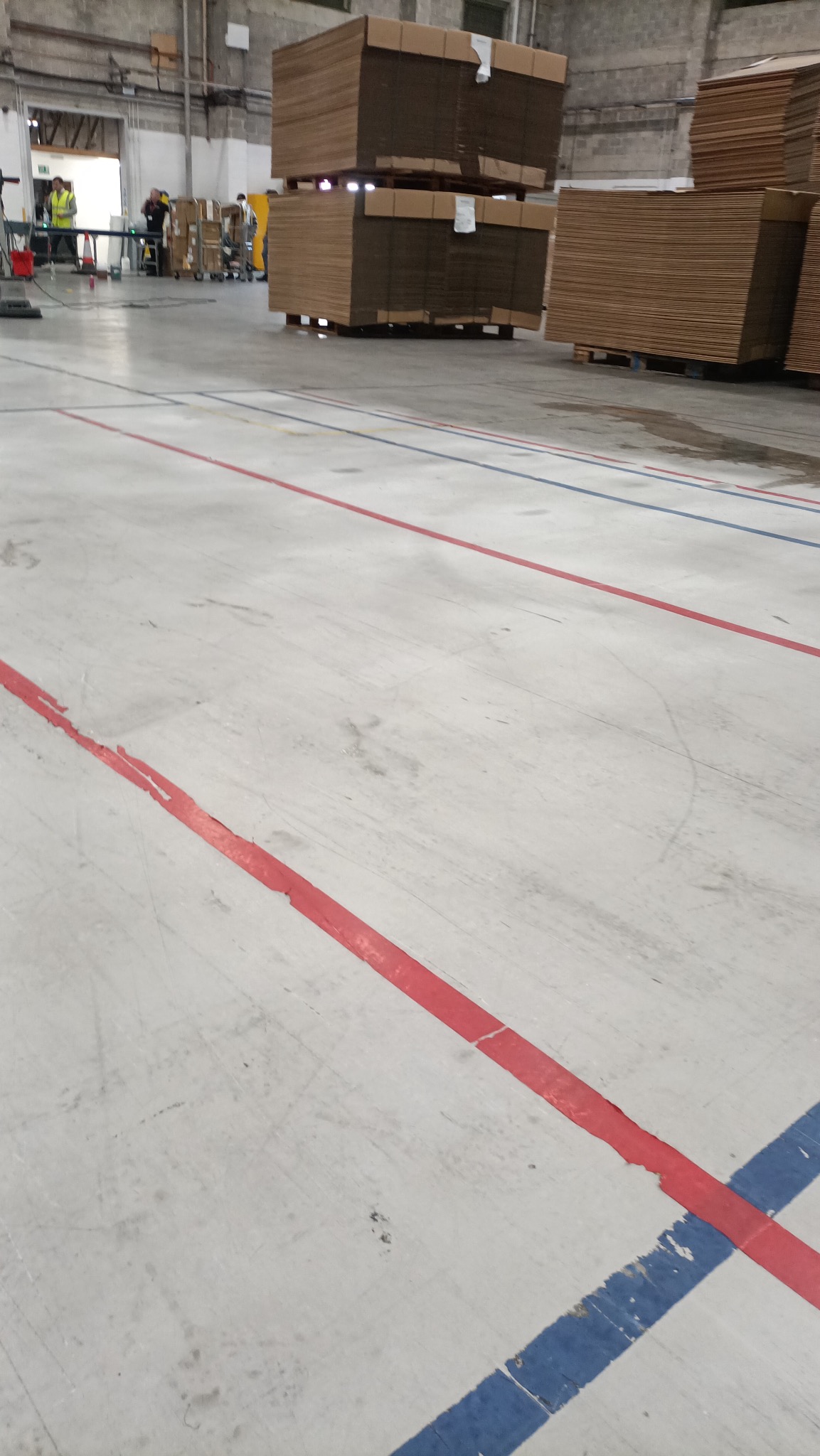 Wnętrze hali magazynowej z betonową posadzką, na której widoczne są czerwone i niebieskie linie. W tle ułożone kartony na paletach i osoby w odblaskowych kamizelkach.