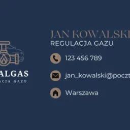 Wizytówka firmy RegalGas: granatowe tło, logo z samochodem i zaworem gazu, dane kontaktowe Jan Kowalski, regulacja gazu, telefon, e-mail, adres Warszawa.