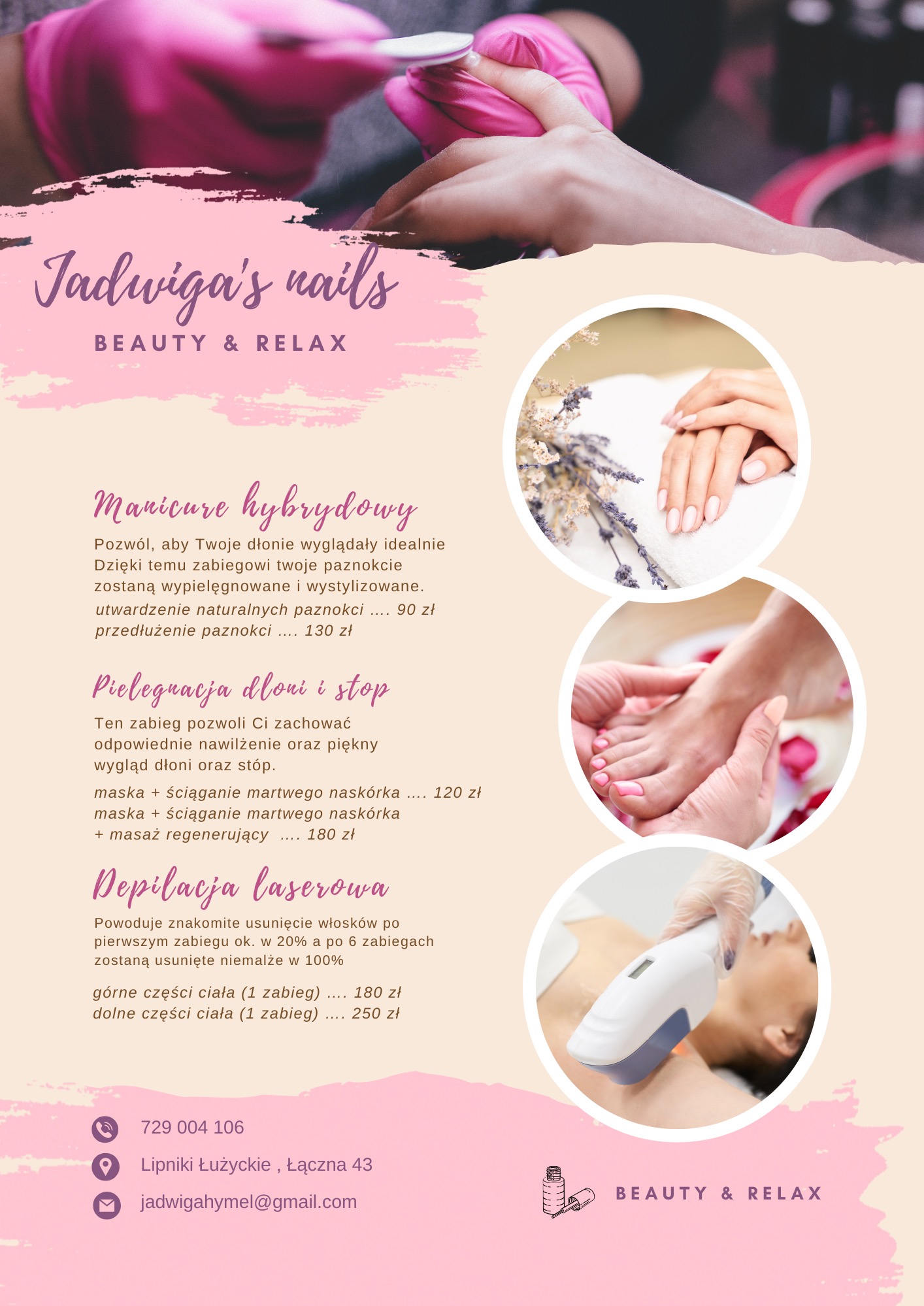 Estetyczny plakat salonu kosmetycznego Jadwiga's nails, oferującego manicure hybrydowy, pielęgnację dłoni i stóp oraz depilację laserową. Jasna kolorystyka i minimalistyczny design.