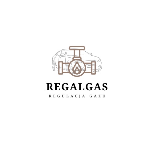 Minimalistyczny logotyp 'Regalgas' z motywem samochodowym i instalacji gazowej w odcieniach beżu na białym tle. Napis 'Regulacja gazu' poniżej nazwy.