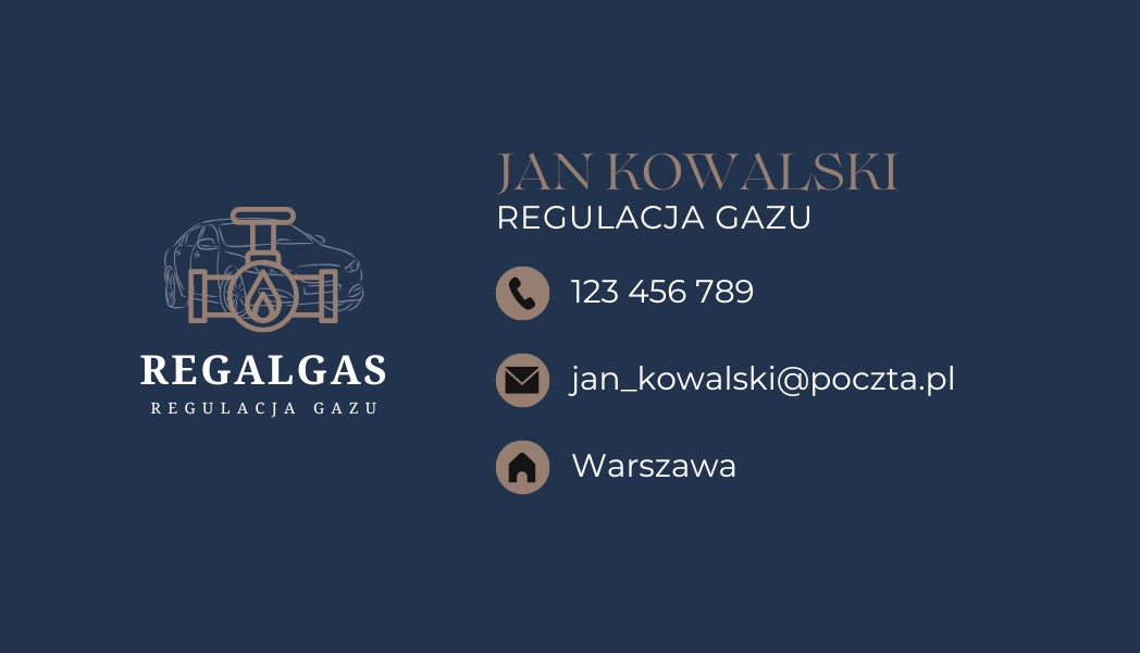 Wizytówka firmy RegalGas: granatowe tło, logo z samochodem i zaworem gazu, dane kontaktowe Jan Kowalski, regulacja gazu, telefon, e-mail, adres Warszawa.