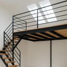 Nowoczesna antresola z czarną metalową konstrukcją i drewnianymi schodami, oświetlona przez okna dachowe. Minimalistyczny design w jasnym wnętrzu.