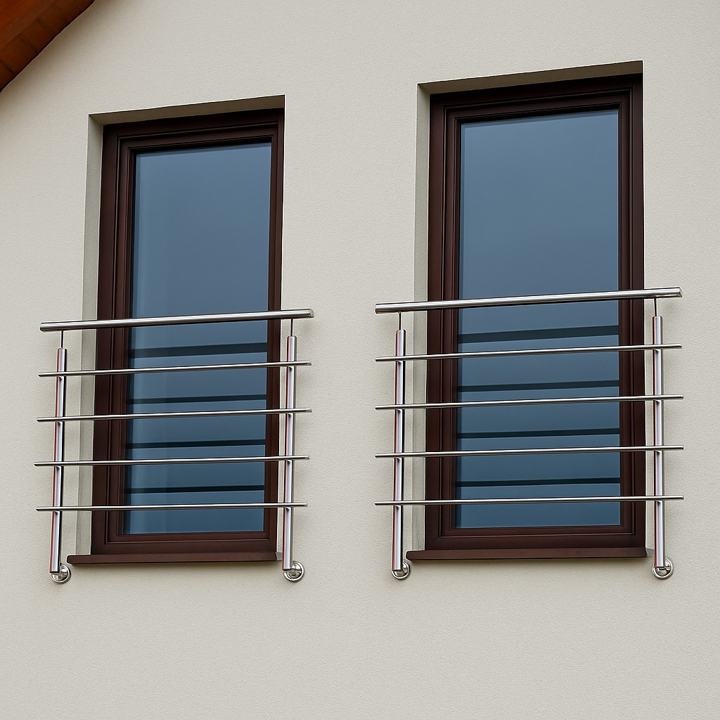 Dwa okna z brązowymi ramami zabezpieczone nowoczesnymi, poziomymi balustradami ze stali nierdzewnej, zamocowanymi na zewnątrz budynku o jasnej elewacji.