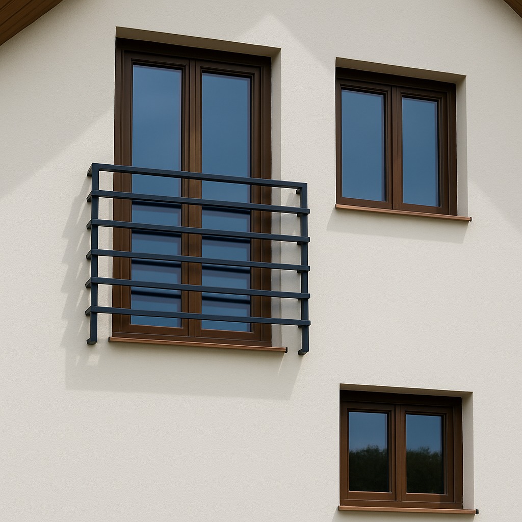 Fasada budynku z trzema oknami; jedno z nich zabezpieczone czarną, poziomą, metalową konstrukcją, pełniącą funkcję zabezpieczenia okiennego.