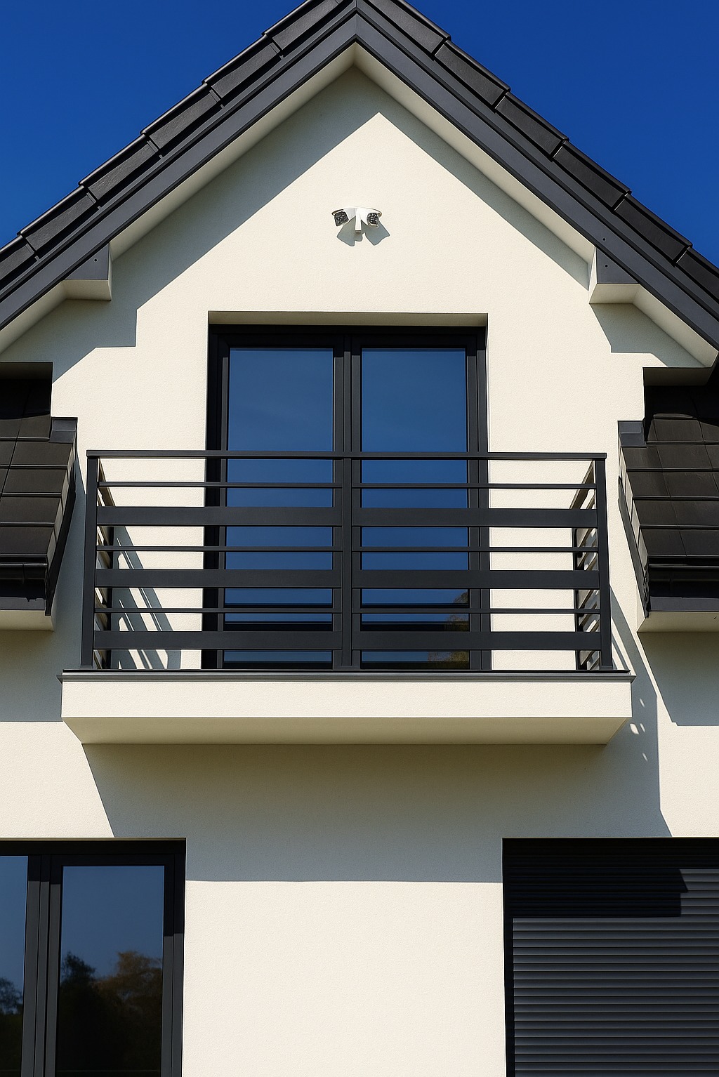 Elegancki balkon z czarną, metalową balustradą o horyzontalnym układzie szczebli, w nowoczesnym domu z ciemną dachówką i kremową elewacją w słoneczny dzień.