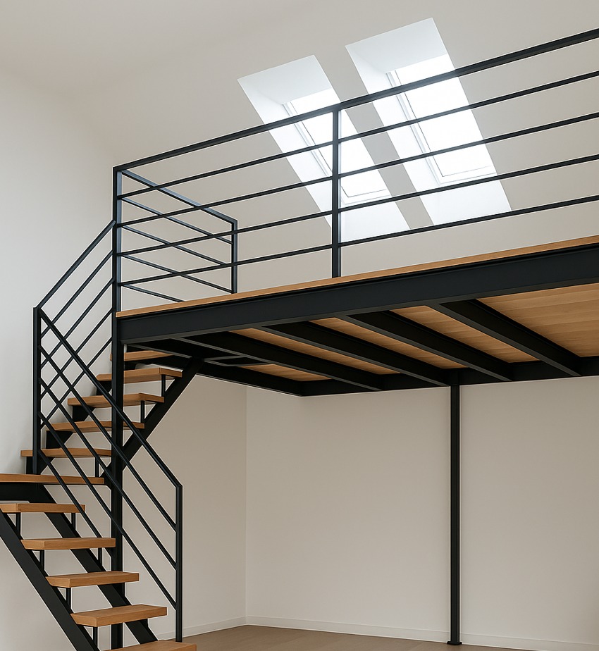 Nowoczesna antresola z czarną metalową konstrukcją i drewnianymi schodami, oświetlona przez okna dachowe. Minimalistyczny design w jasnym wnętrzu.