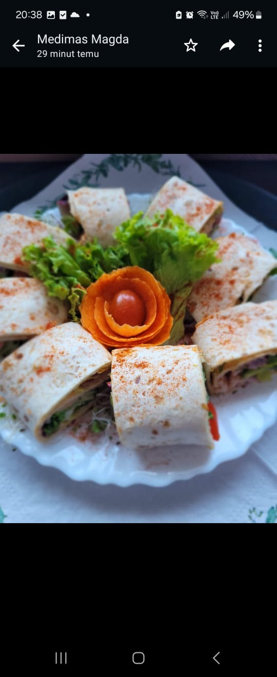 Dekoracyjnie ułożone tortille z warzywami i pomidorową ozdobą na białym talerzu z zielonymi akcentami, prezentacja cateringu.