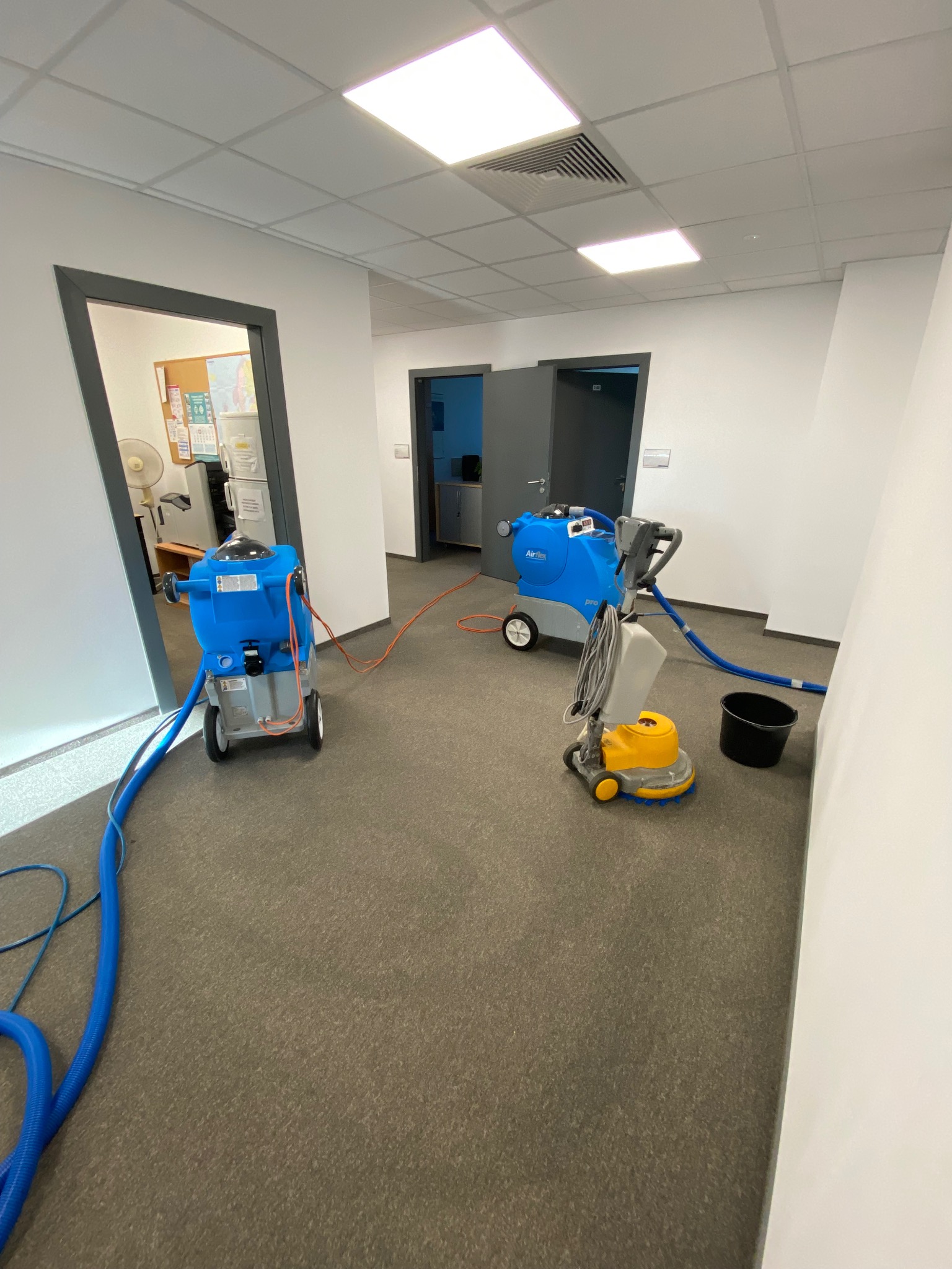 Dwa urządzenia do czyszczenia dywanów w korytarzu biurowym. Jeden z nich ma żółtą podstawę i szarą rączkę, drugi jest niebieski i stoi przy wejściu do biura.