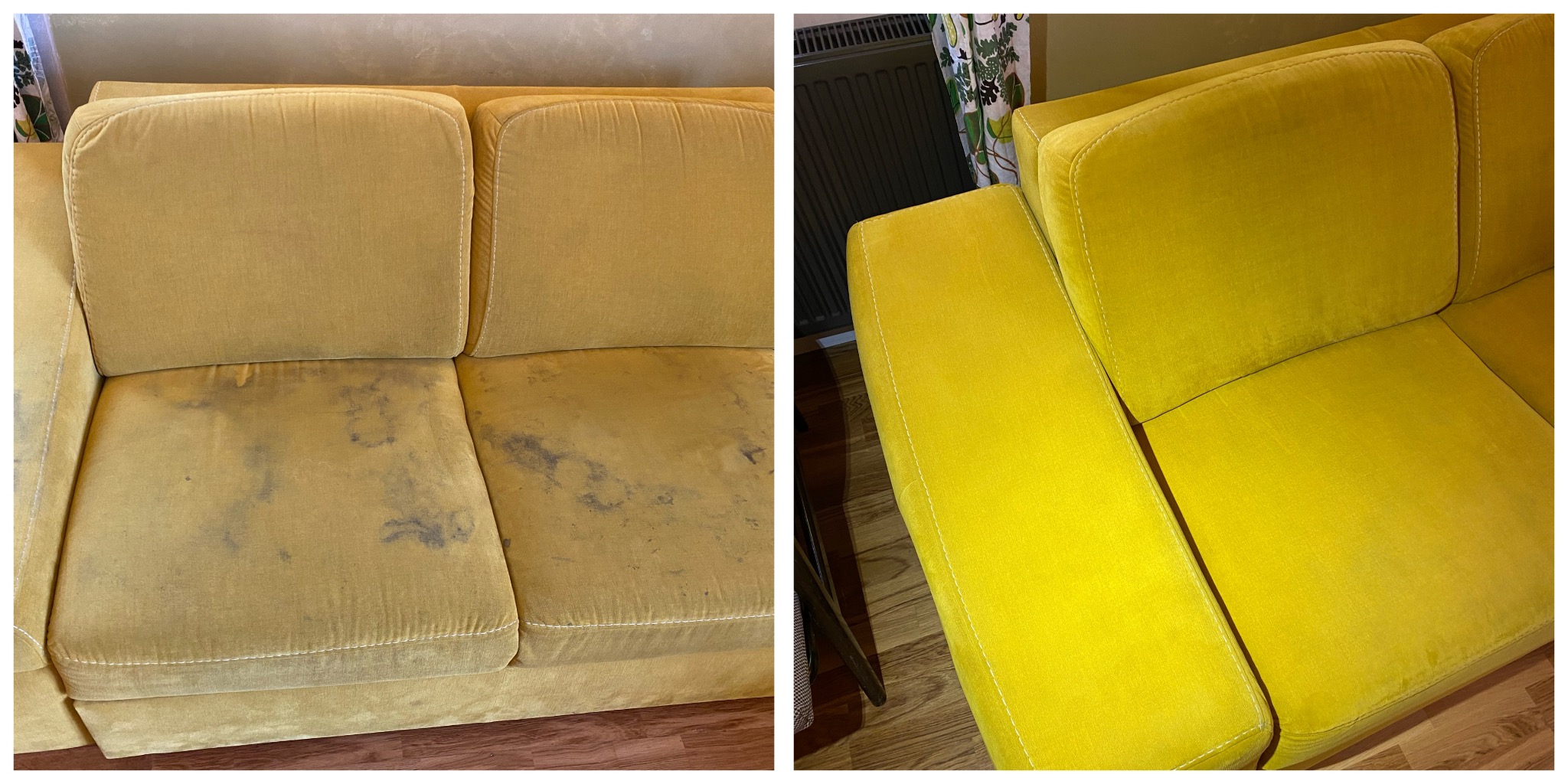 Żółta kanapa przed i po czyszczeniu. Po lewej widoczne plamy, po prawej czysta, intensywnie żółta tapicerka. Kontrastowe ujęcie prezentuje efekt prania.
