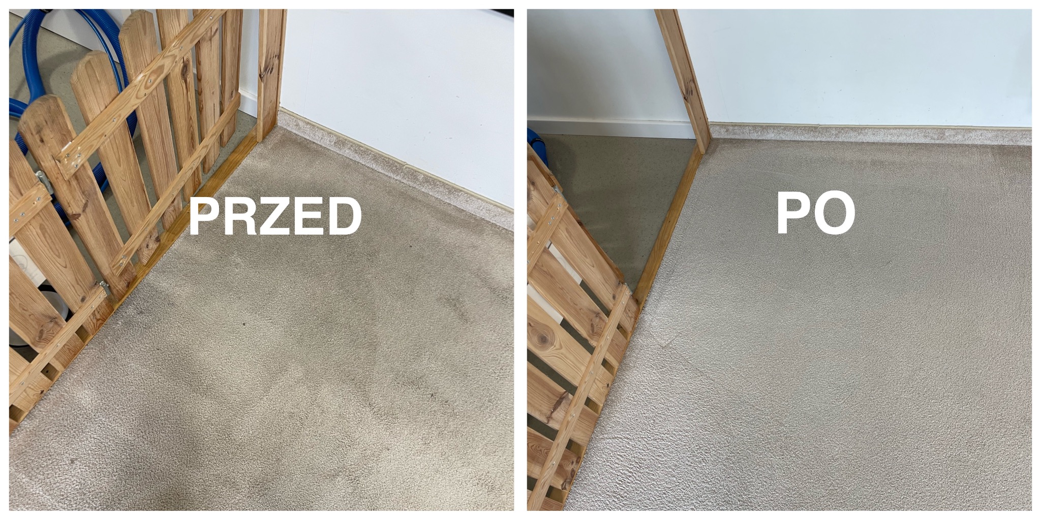 Dywan w odcieniach beżu przed i po czyszczeniu, widoczne różnice w kolorze i usunięte plamy, fragment drewnianej konstrukcji w rogu kadru.