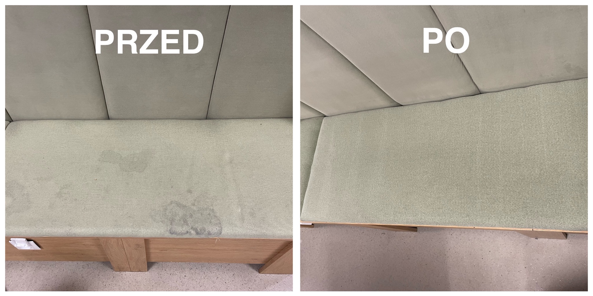 Tapicerka sofy w odcieniach szarości: po lewej widoczne plamy (PRZED), po prawej czysta powierzchnia (PO). Drewniana rama. Efekt czyszczenia tapicerki.