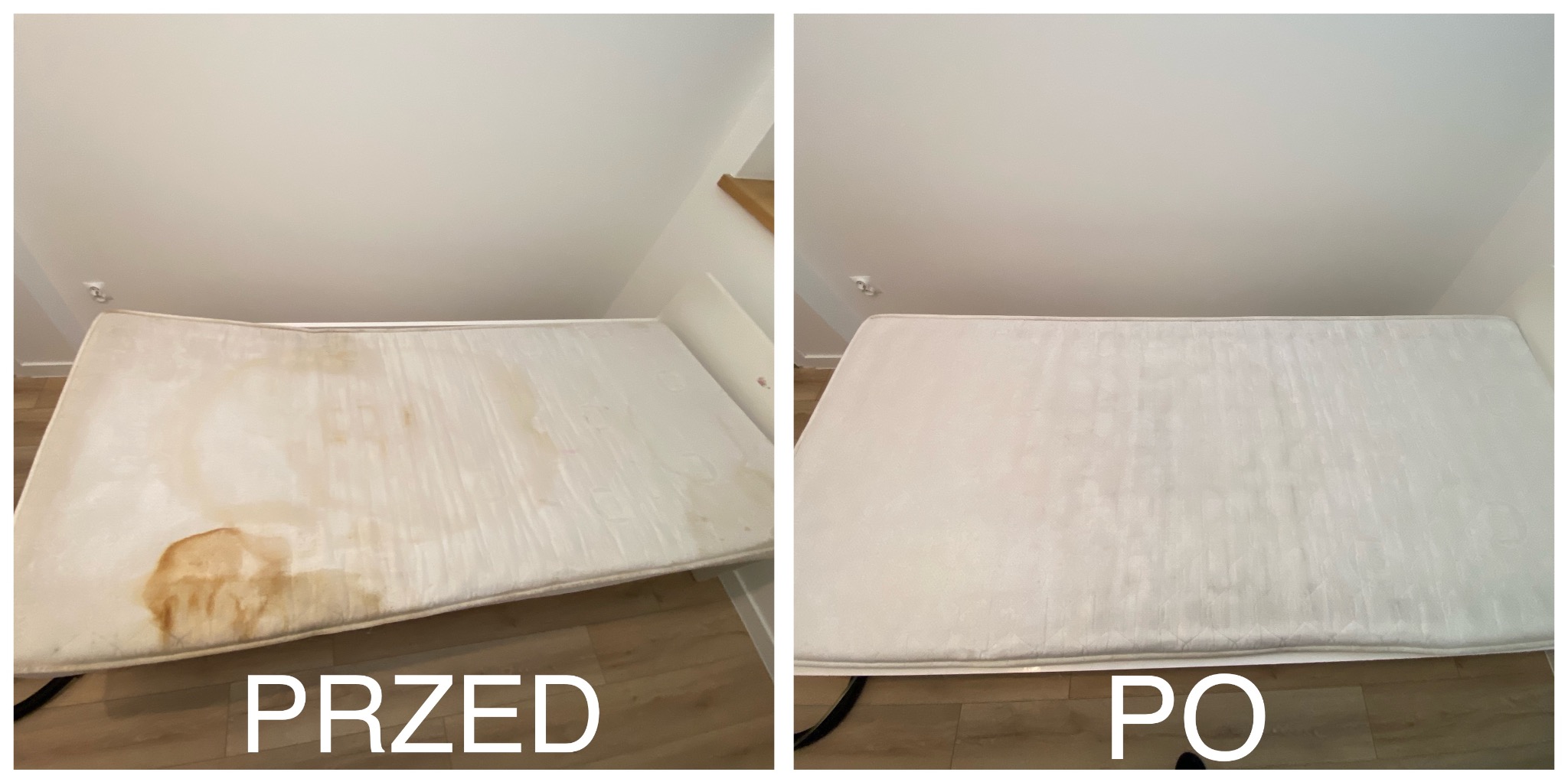 Materac przed i po czyszczeniu, widoczne plamy usunięte. Ujęcie z góry, ukazujące różnicę w czystości materaca.