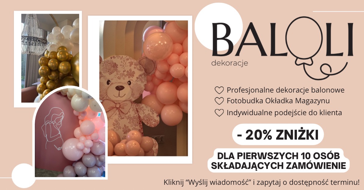 Dekoracje balonowe: złote i białe balony pod żyrandolem, różowe balony z misiem i szkic kobiety w ciąży. Oferta -20% zniżki.