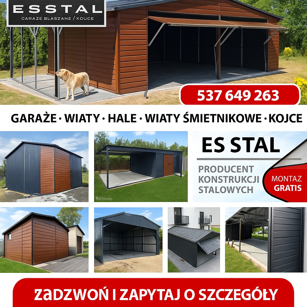 Brązowy garaż blaszany z psem rasy labrador. Na kolażu inne realizacje: wiaty i garaże o różnej kolorystyce i konstrukcji. Widoczny numer telefonu i logo firmy.
