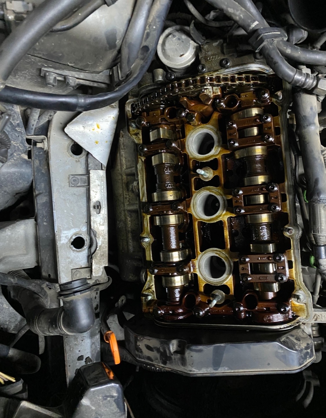 Otwarty silnik samochodowy z widocznymi wałkami rozrządu, łańcuchem i elementami układu smarowania, w trakcie naprawy lub przeglądu, z widocznymi śladami oleju.