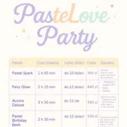 Cennik usług animacyjnych PastelLove Party na rok 2025. Zawiera pakiety urodzinowe i weselne z opisem czasu trwania, limitu dzieci i ceny.