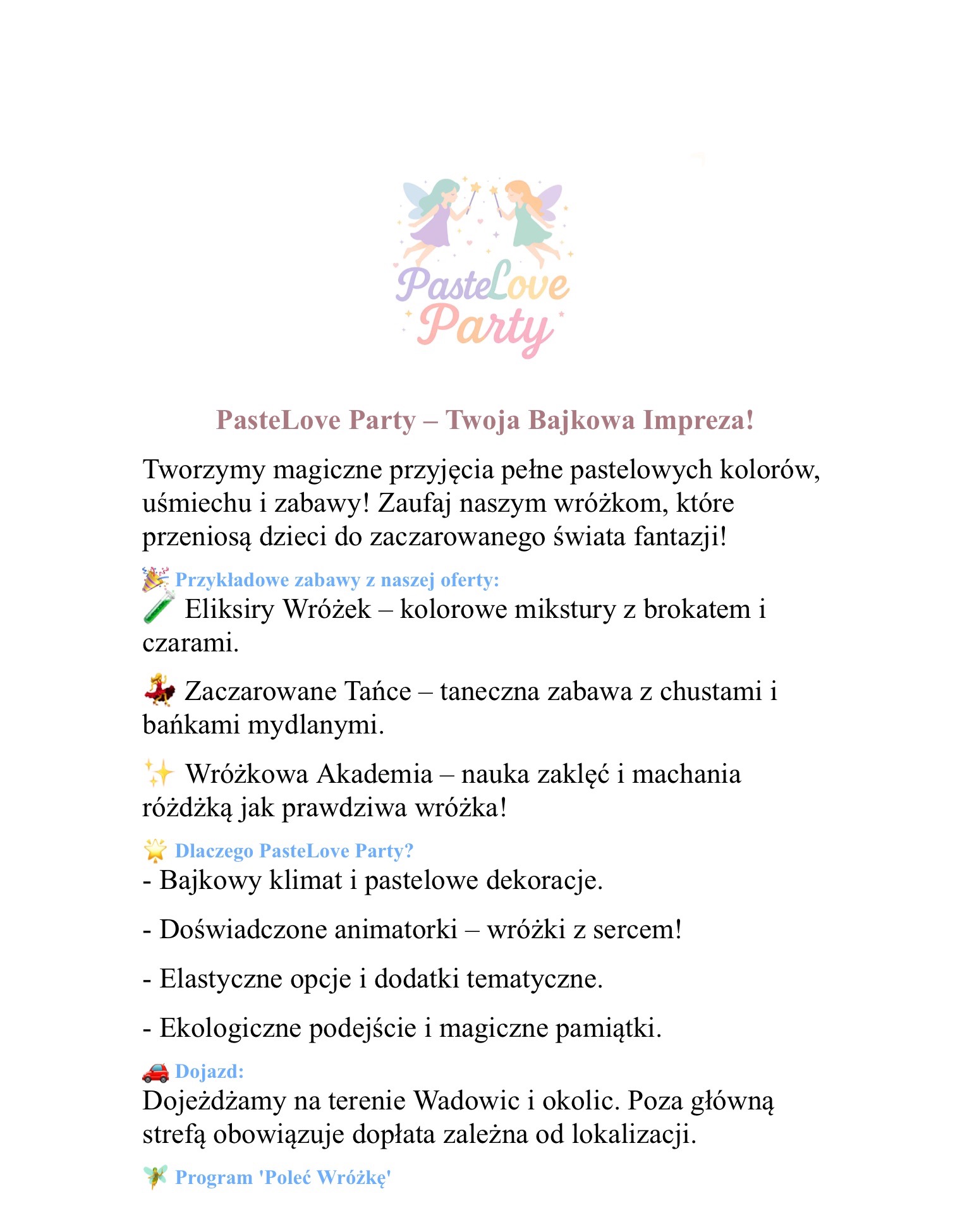 Plakat agencji eventowej PasteLove Party z ofertą magicznych przyjęć dla dzieci, wróżkowe eliksiry, tańce, nauka zaklęć i bajkowe dekoracje.